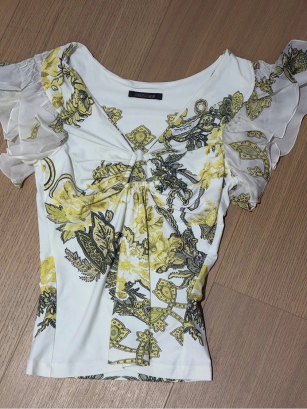 Roberto Cavalli White Floral Short Sleeve Blouse with Yellow Accents